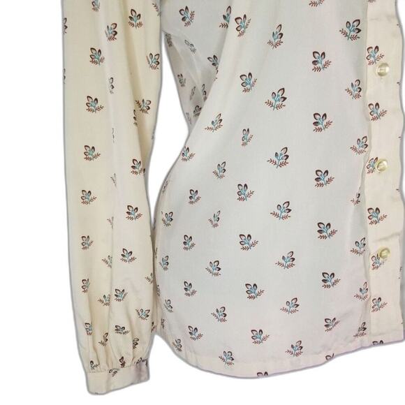 70s Vintage Beige Button Up Collar Brown Floral Print Shirt Size Small Medium - Picture 4 of 7